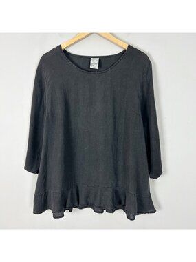 Matchpoint Black 100% Linen Top Ruffle Hem Classic Size Medium Women's